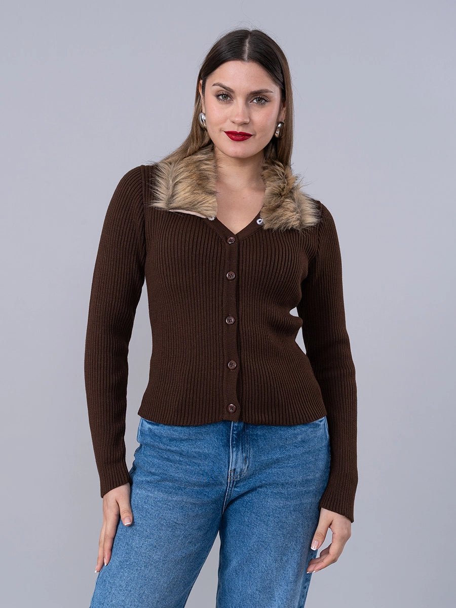 Cárdigan Tejido Marrón cuello Peluche - Chompa de La Matier
