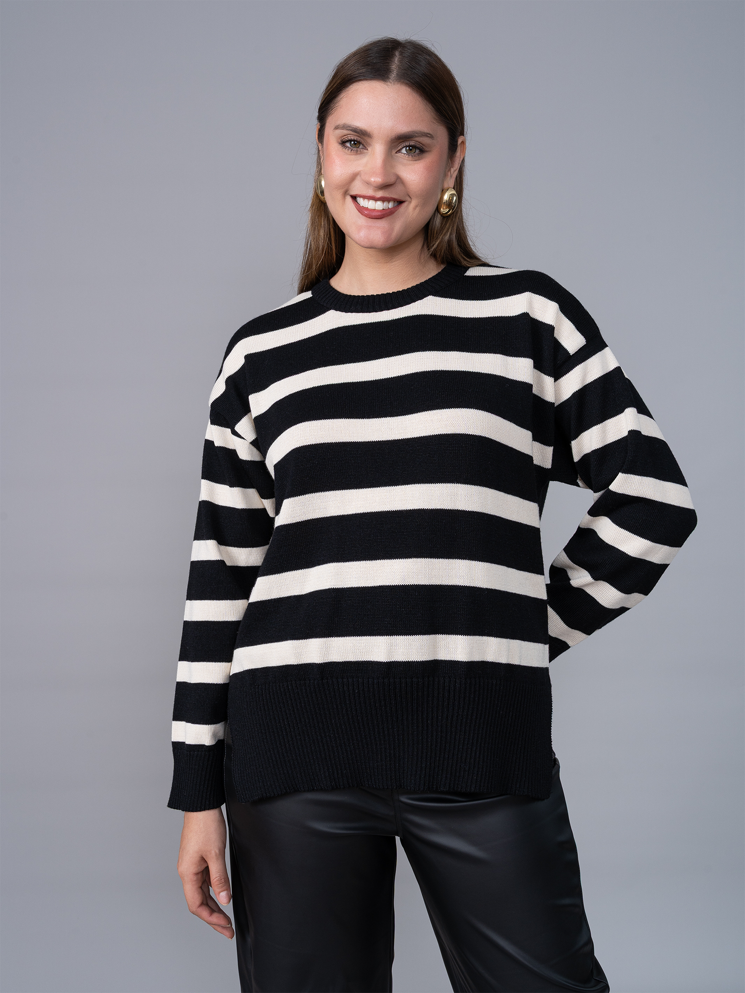 Chompa Tejida Ivette Rayas Negro/Hueso