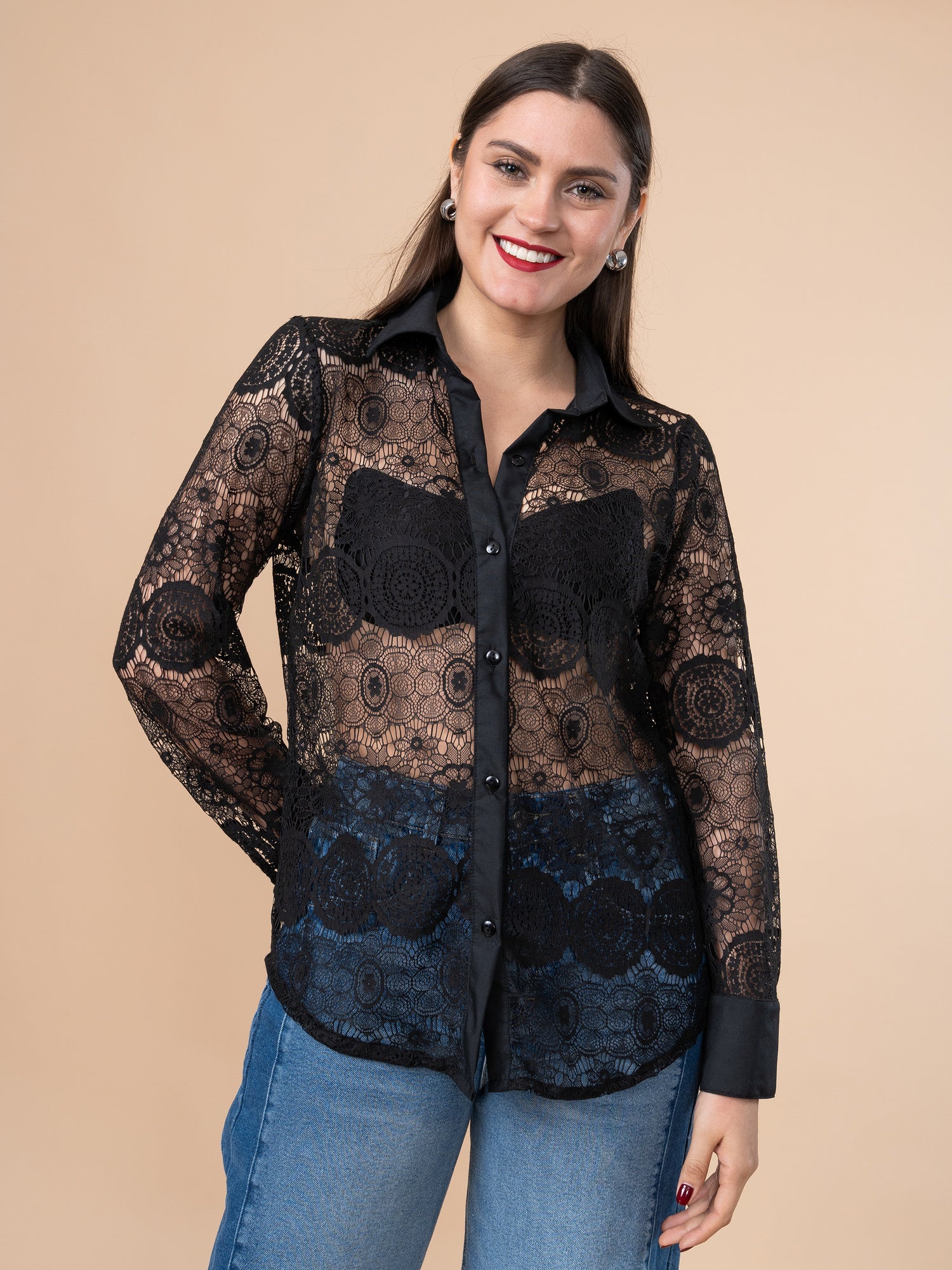 Camisa de Guipure Negro