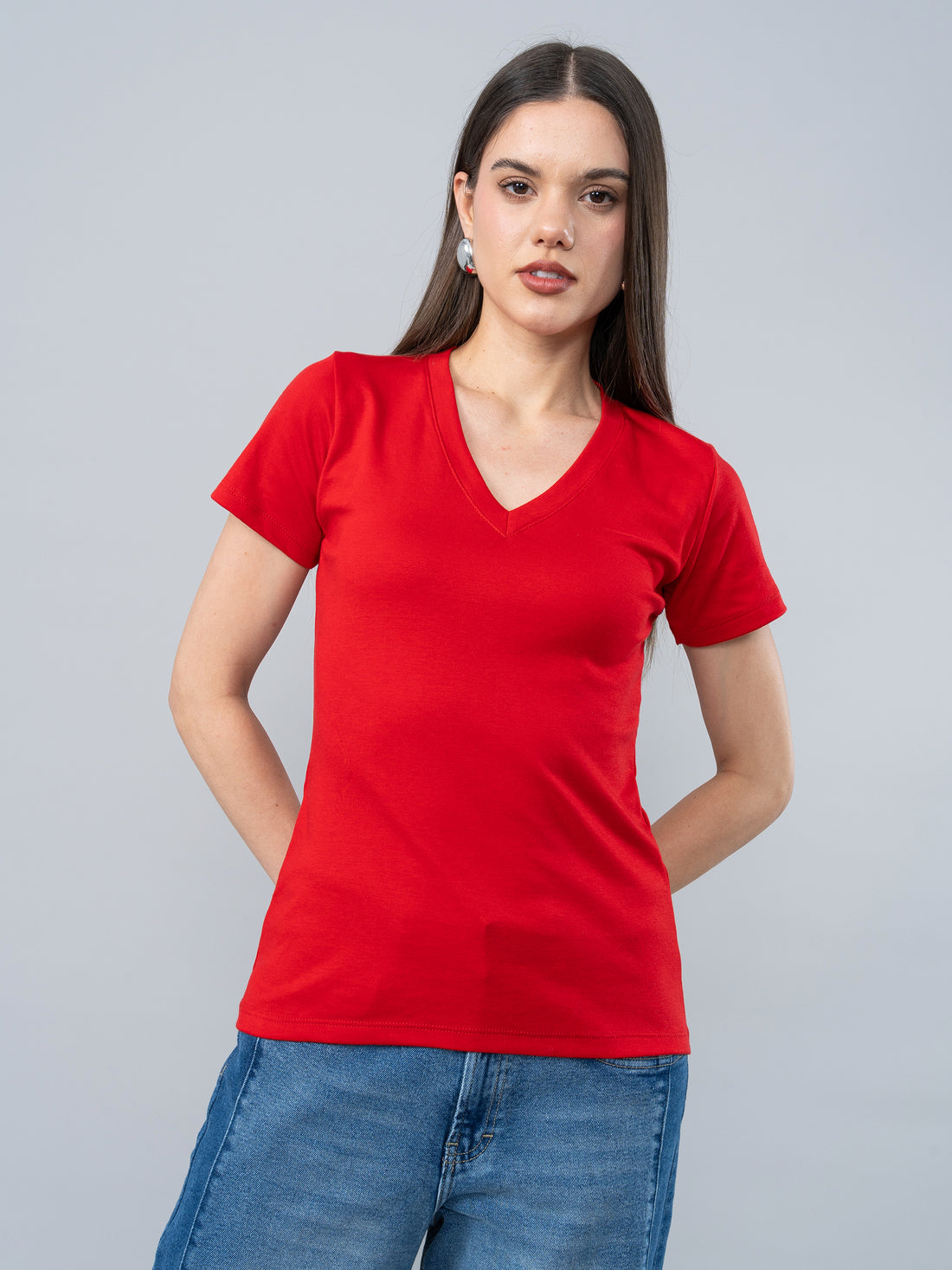 Polo Básico de Algodón Cuello V Rojo