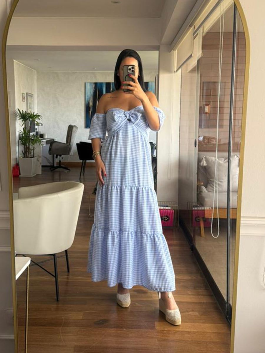 Vestido Strapless Vichy Celeste