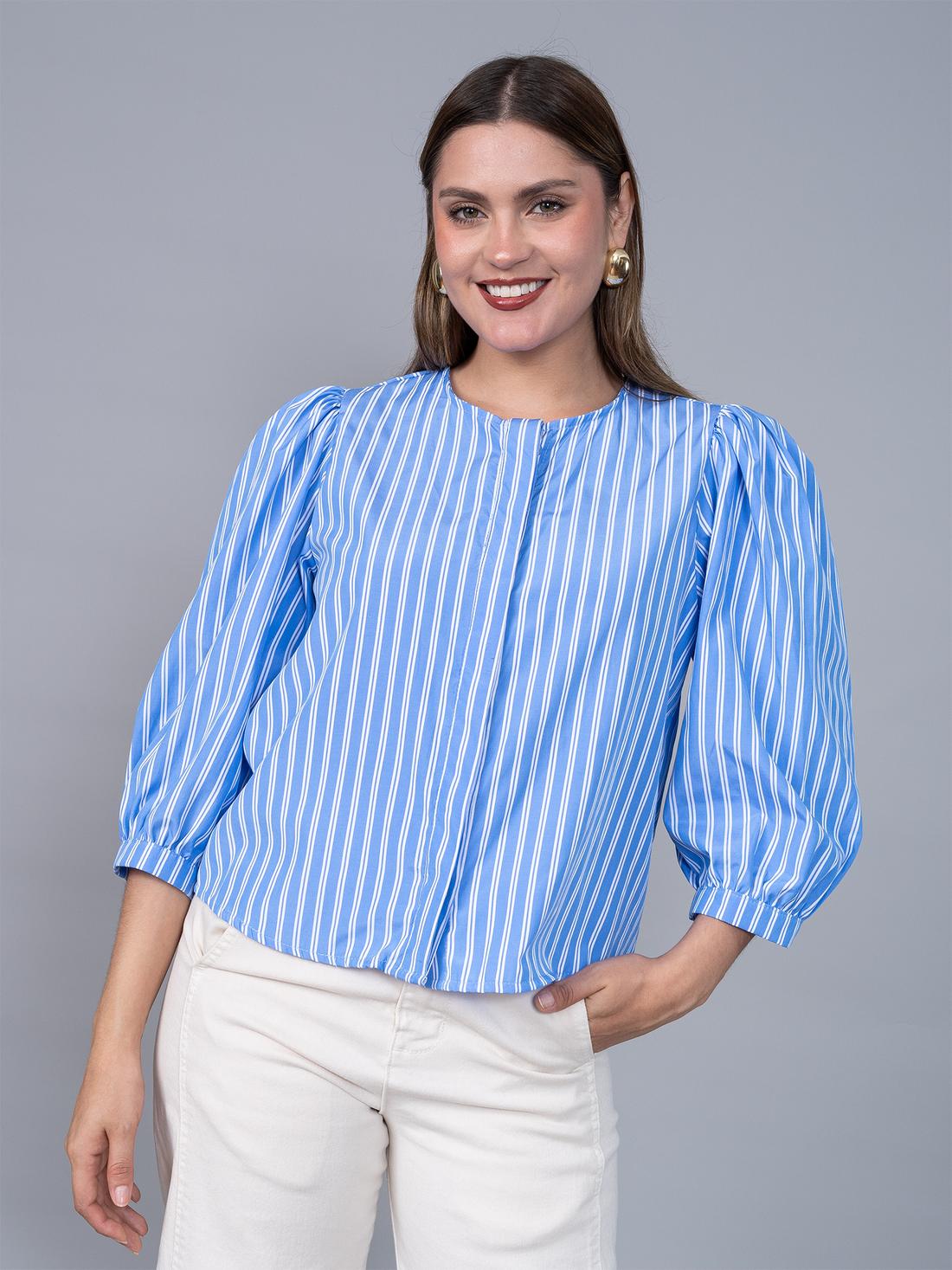 Blusa Mery Celeste Rayas Blancas