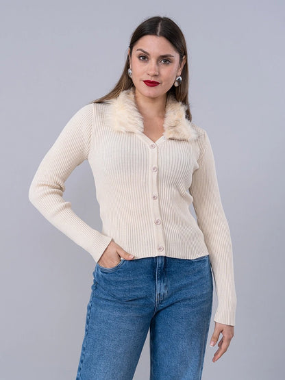 Cárdigan Tejido Crema cuello Peluche - Chompa de La Matier