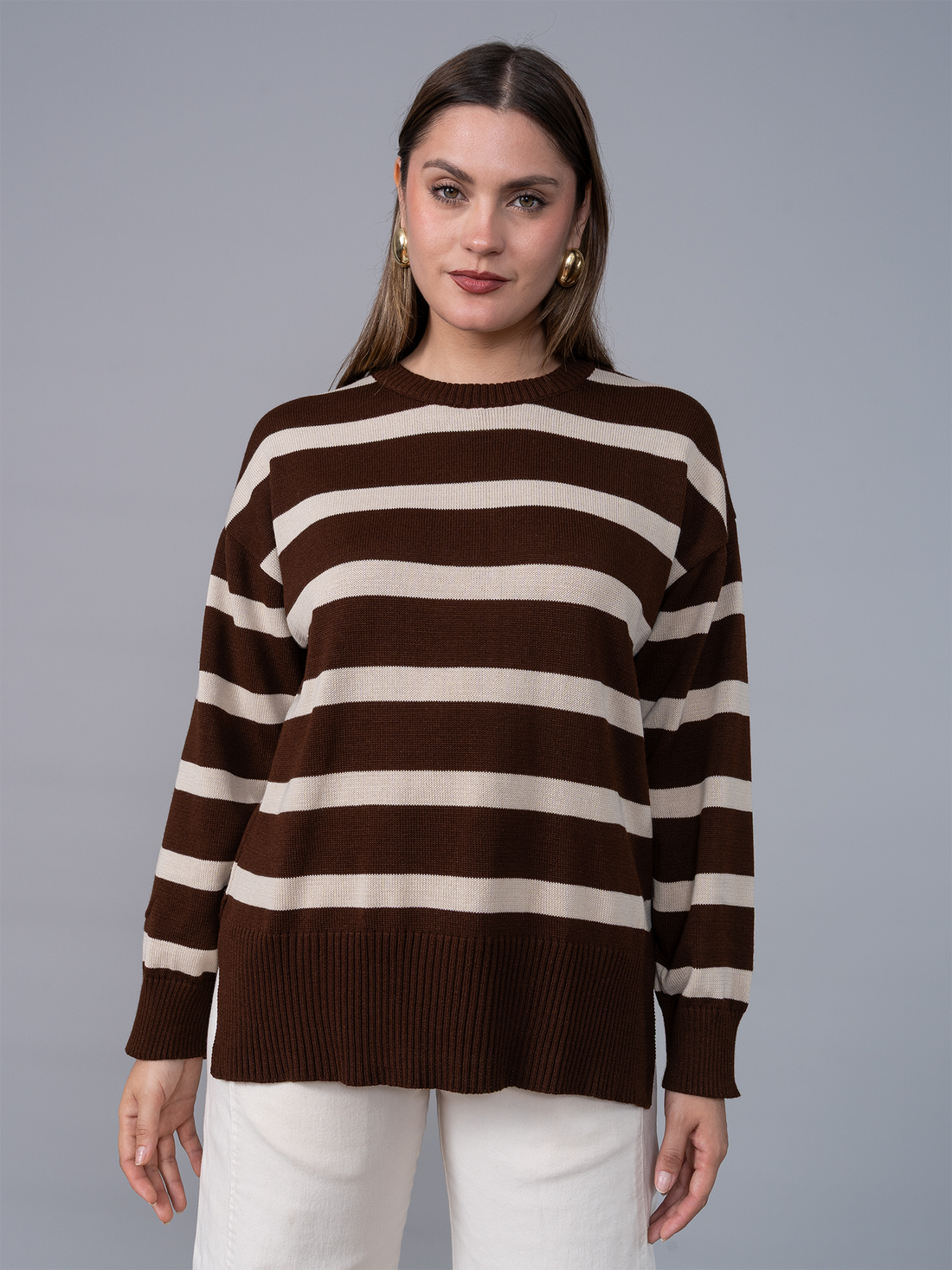 Chompa Tejida Ivette Rayas Marron/Beige
