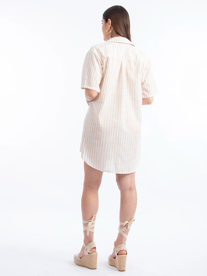 Vestido Camisero de Lino Rayas Beige