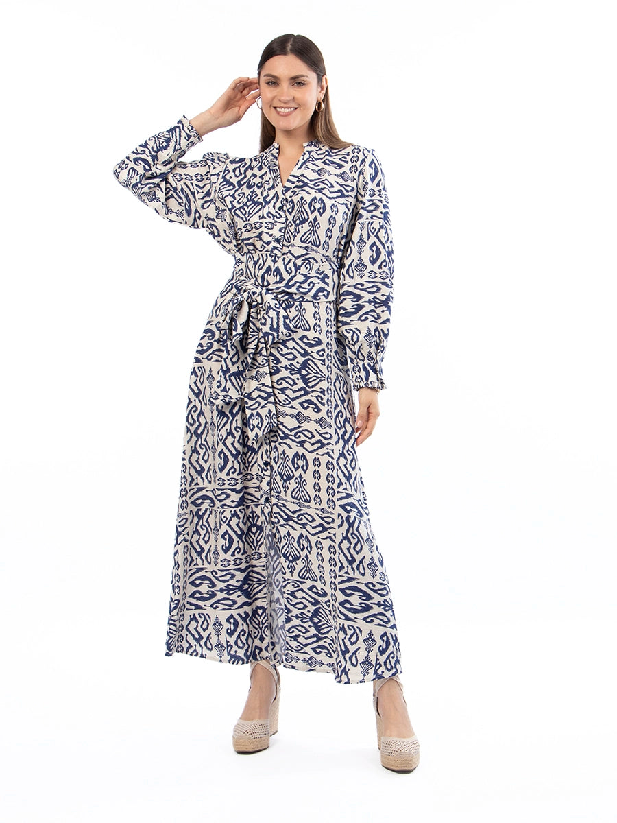 Vestido Marina Crema Estampado Azul