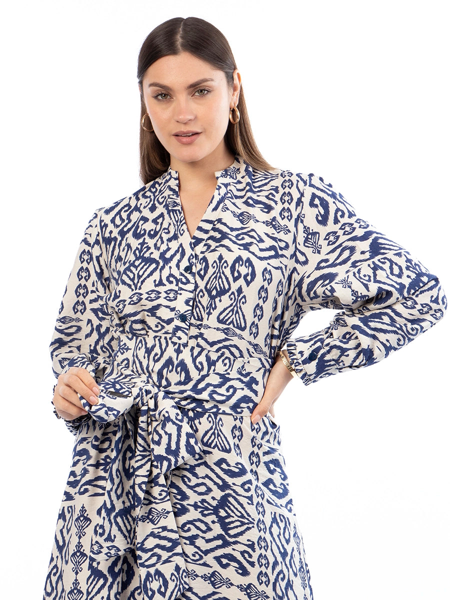 Vestido Marina Crema Estampado Azul