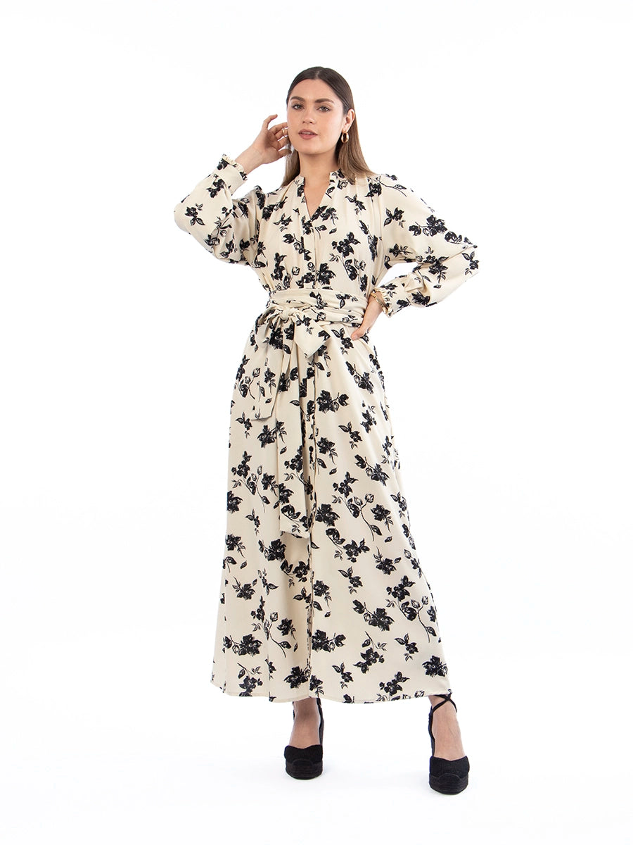 Vestido Marina Crema con Flores Negras