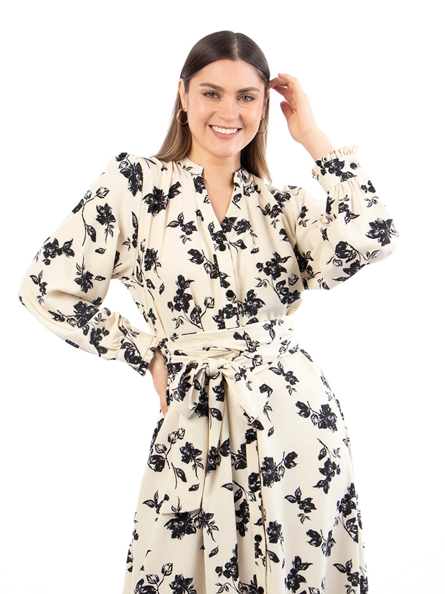 Vestido Marina Crema con Flores Negras