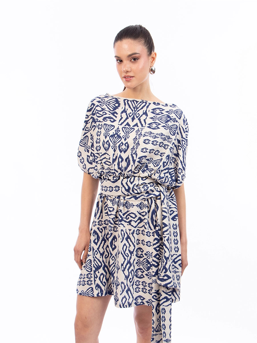 Vestido Aria Crema Estampado Azul