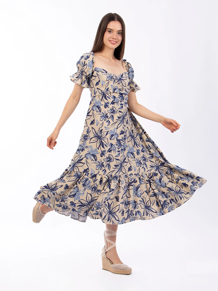 Vestido Aurora Estampado Flores Azules