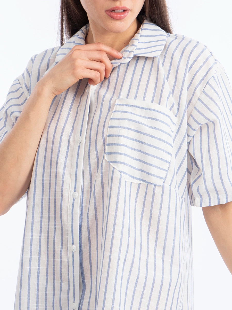 Vestido Camisero de Lino Rayas Celeste